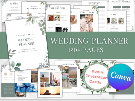 Wedding Planner Canva Editable, Botanical Wedding, Canva 120+ Pages